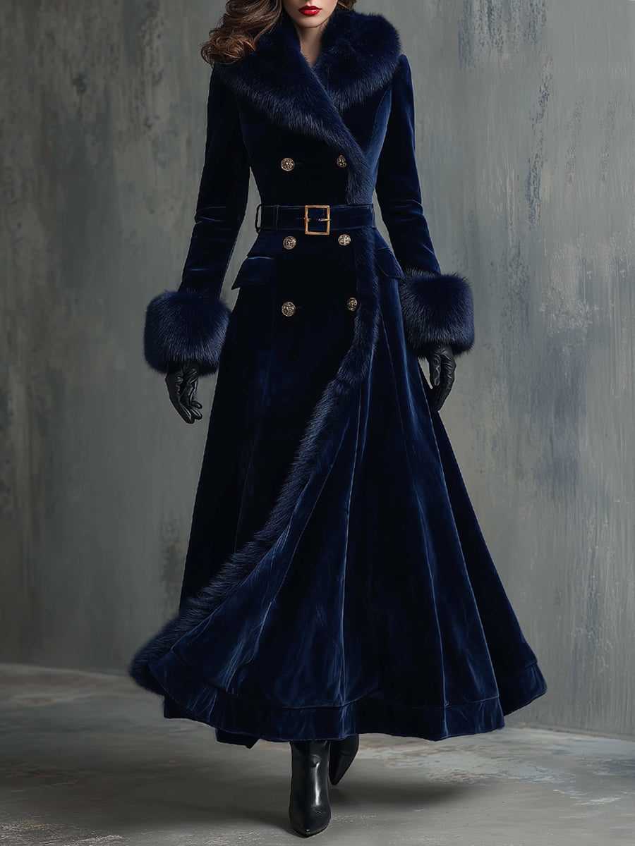 Elegant Mid-length Velvet Coat With Faux Fur Collar