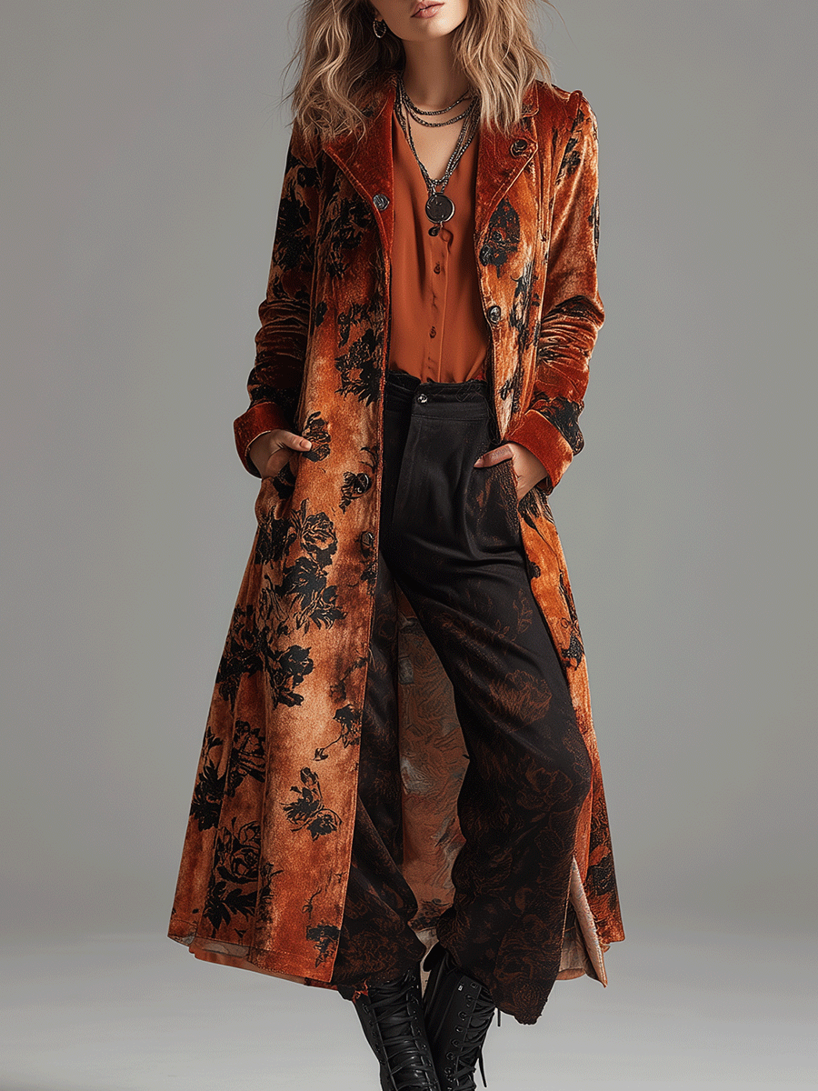 Vintage Burnt Orange Velvet Floral Maxi Coat