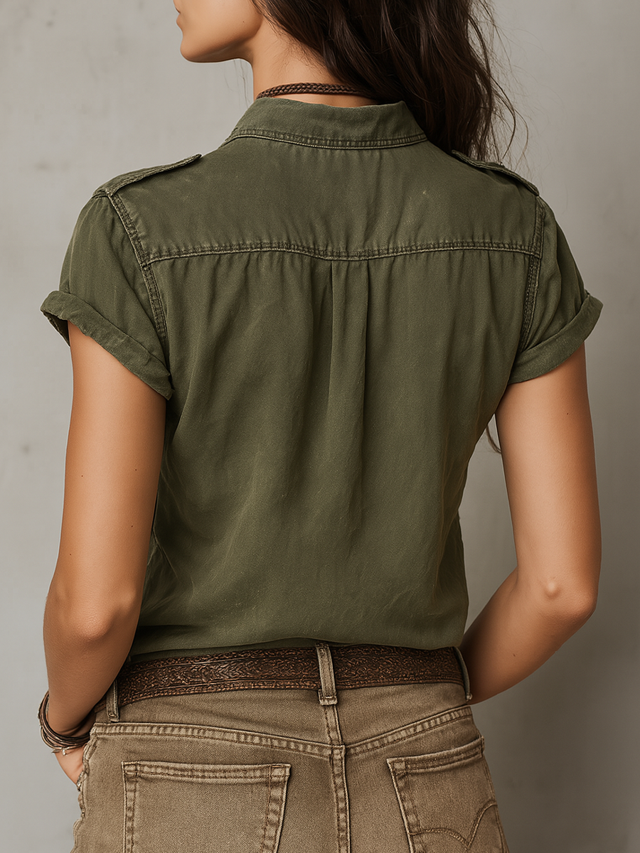 Vintage Washed Short Sleeve Denim Blouse