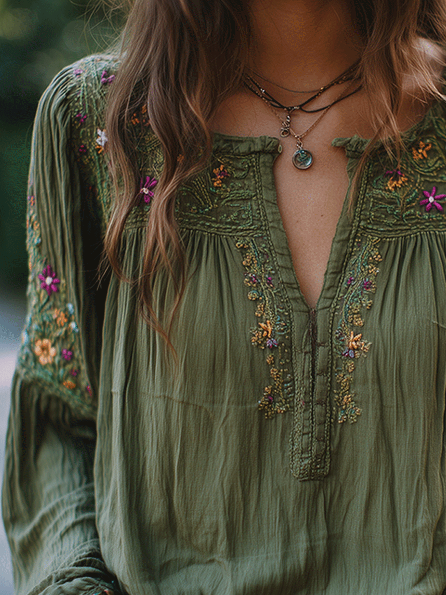 Bohe Floral Embroidered Cotton Olive Green Shirt
