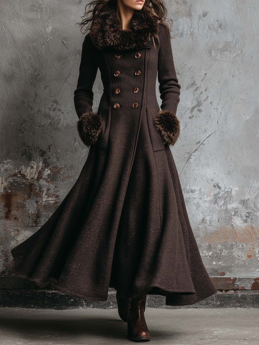 Knitted Maxi Coat With Detachable Faux Fur Collar