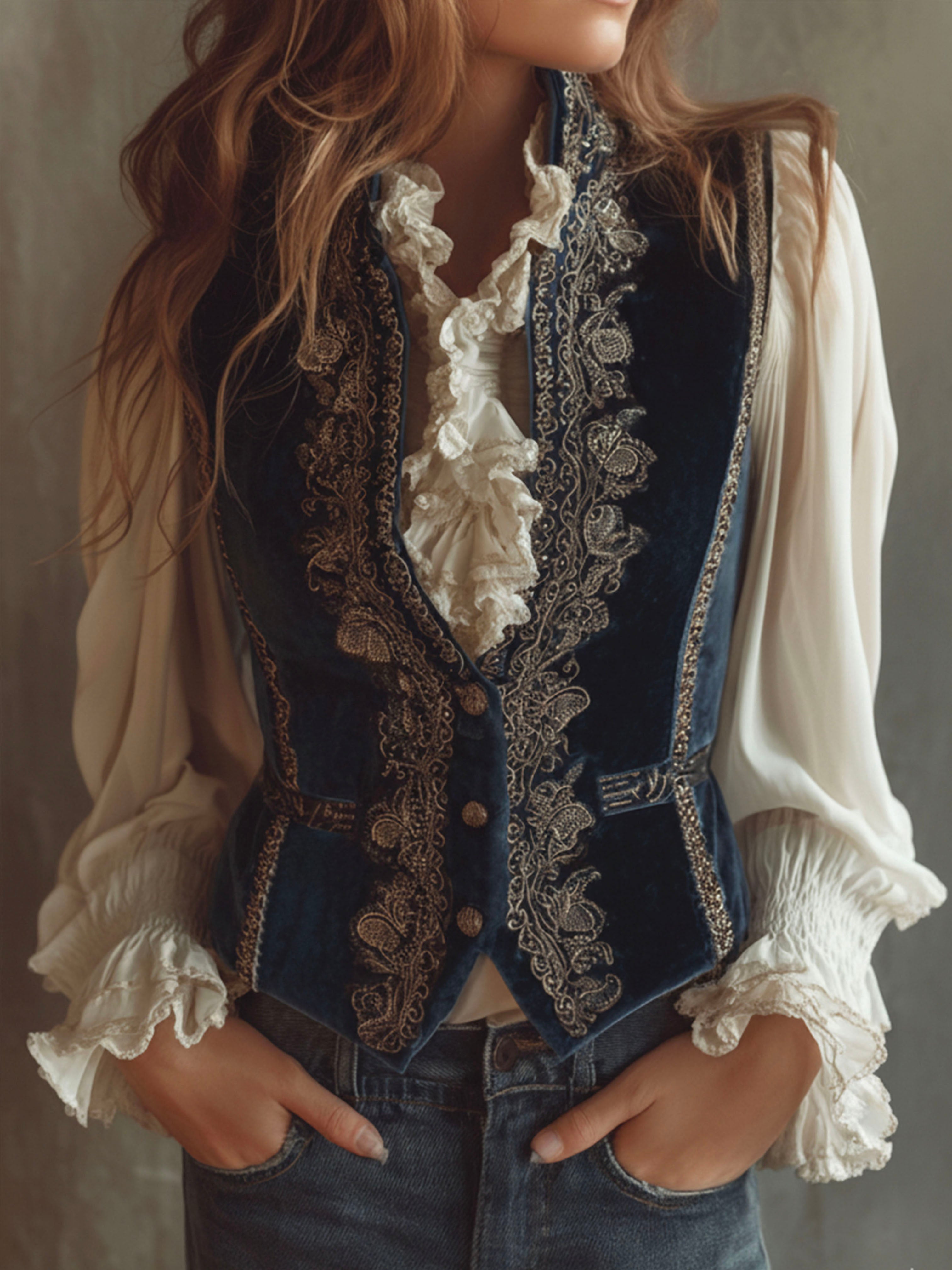 Vintage Baroque Navy Blue Velvet Embroidered Vest