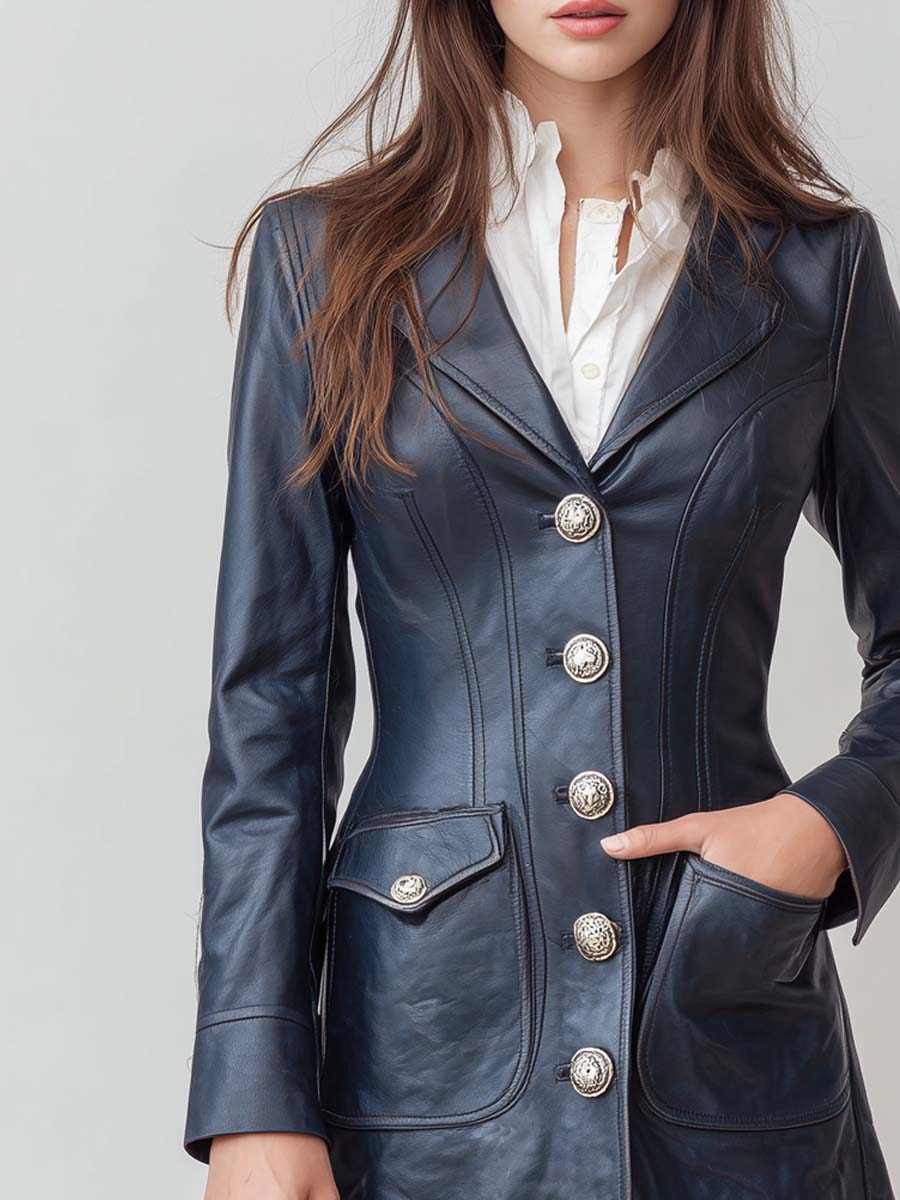 Vintage-style Lapel Button Flap Pocket Faux Leather Mini Dress