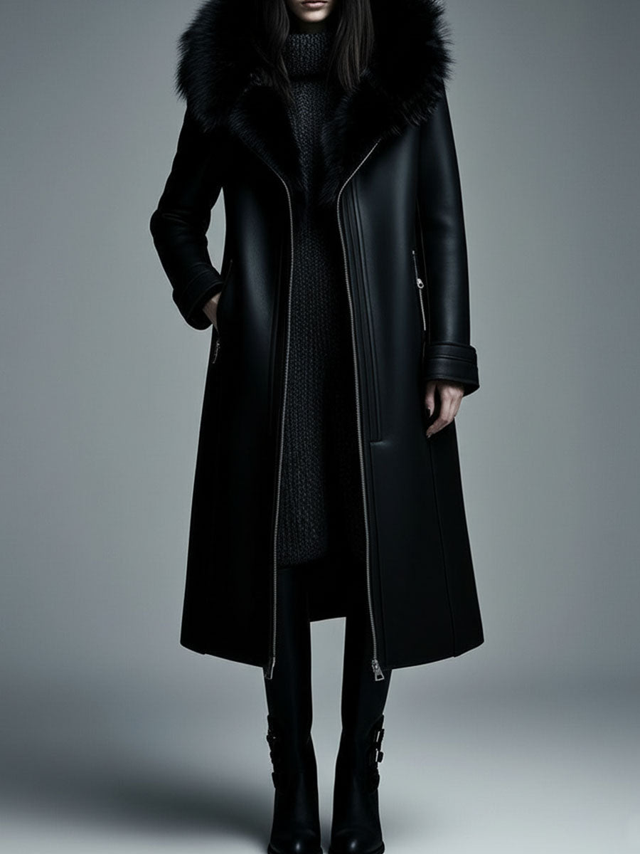 Women Fur Trim Warm Lined Hooded Eco Leather Trench Coat