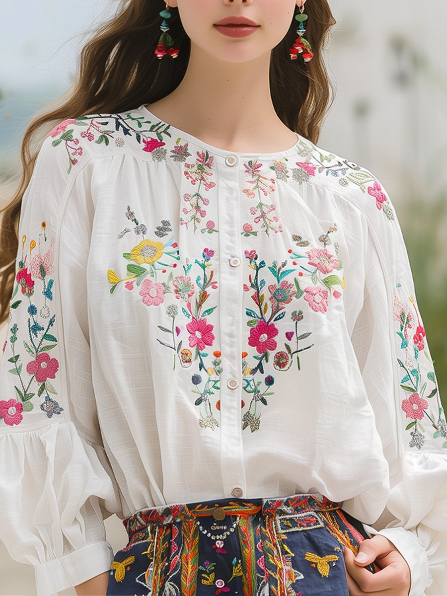 (sale)Cotton and Linen Floral Embroidery Long Sleeve Shirt