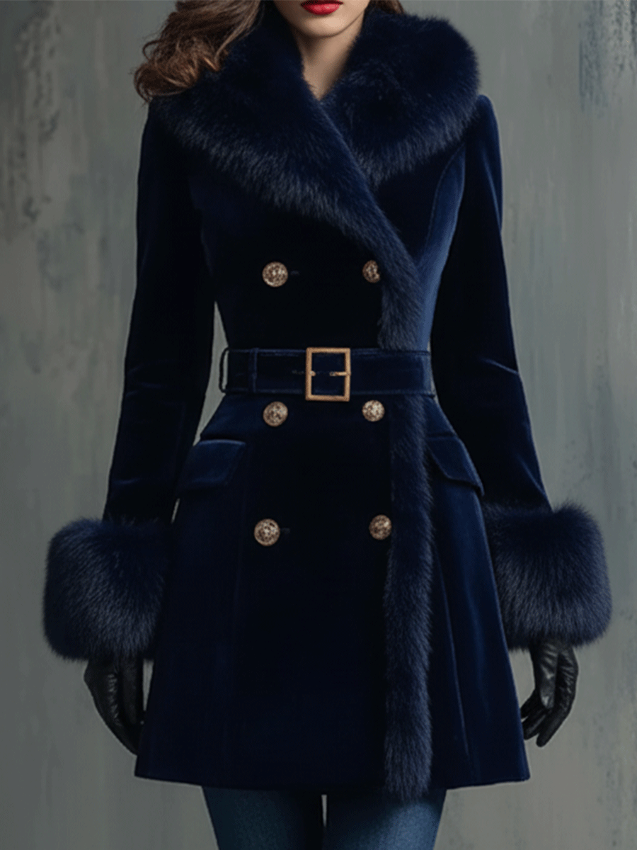Elegance Navy Velvet Trimmed Faux Fur And Gold Accents Coat