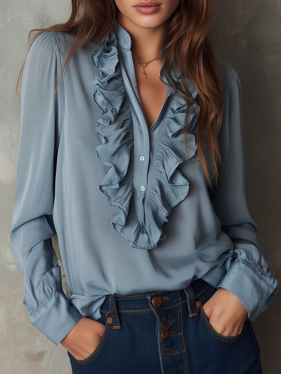 Dusty Blue Ruffle Front V-Neck Button Chiffon Blouse