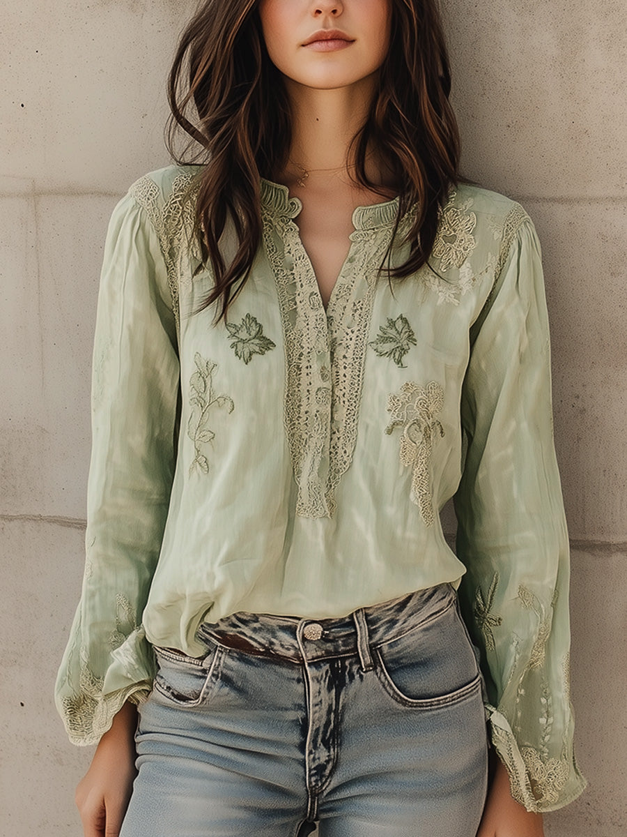 Vintage Green Cotton and Linen Embroidered Henley Collar Shirt