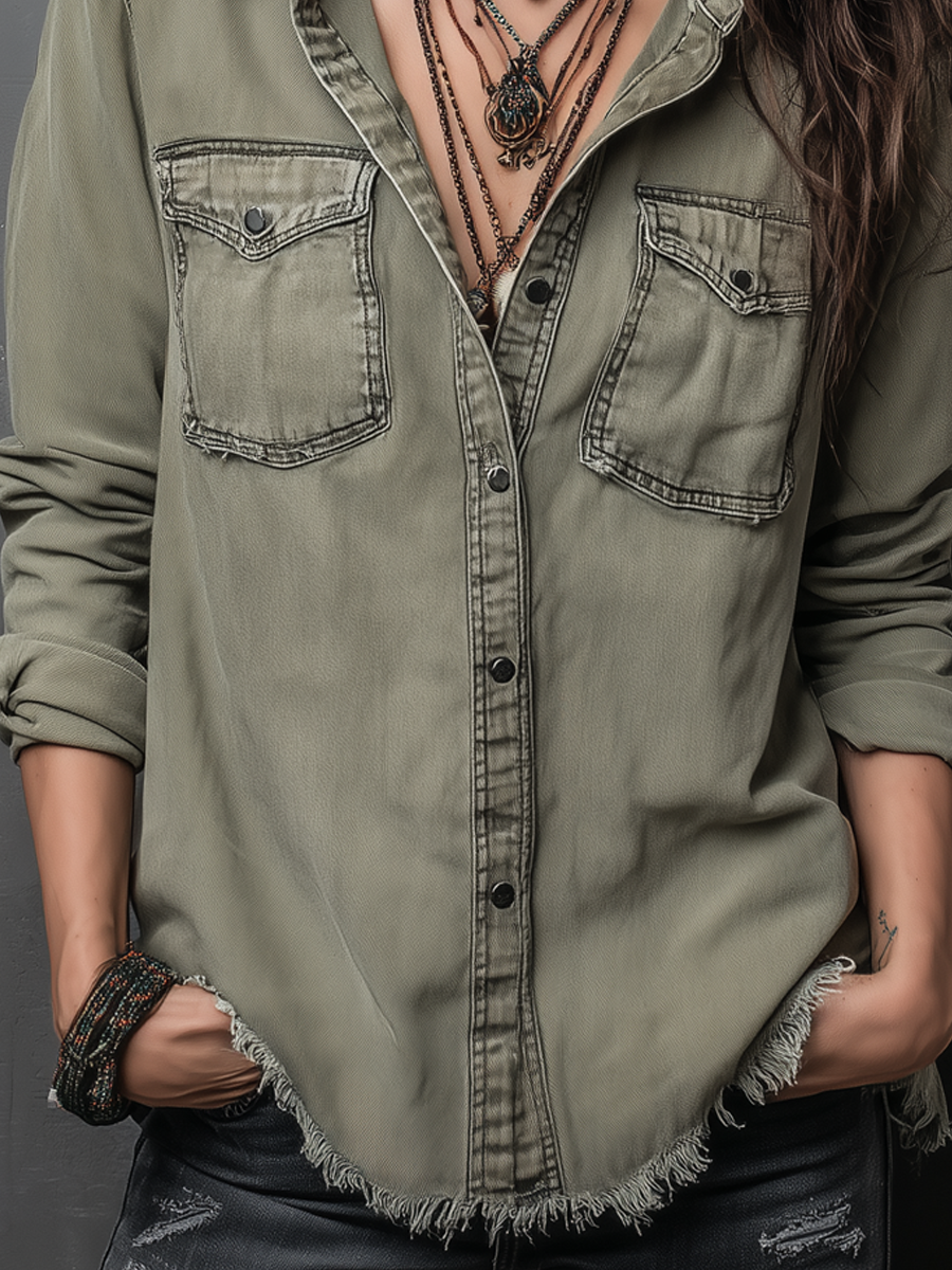 Vintage Pockets Long Sleeve Washed Blouse
