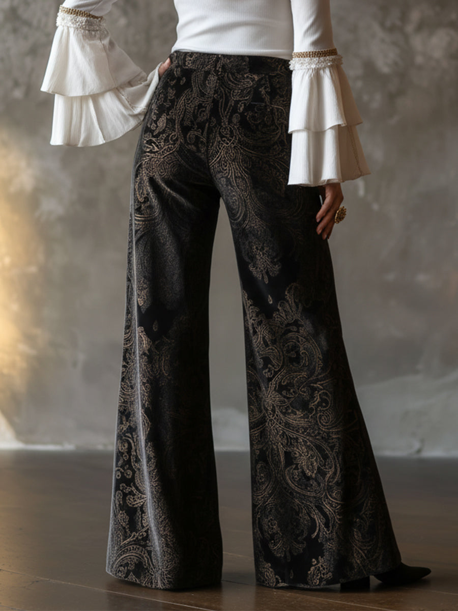 Vintage High-waisted Velveteen Paisley Print Wide-leg Pants