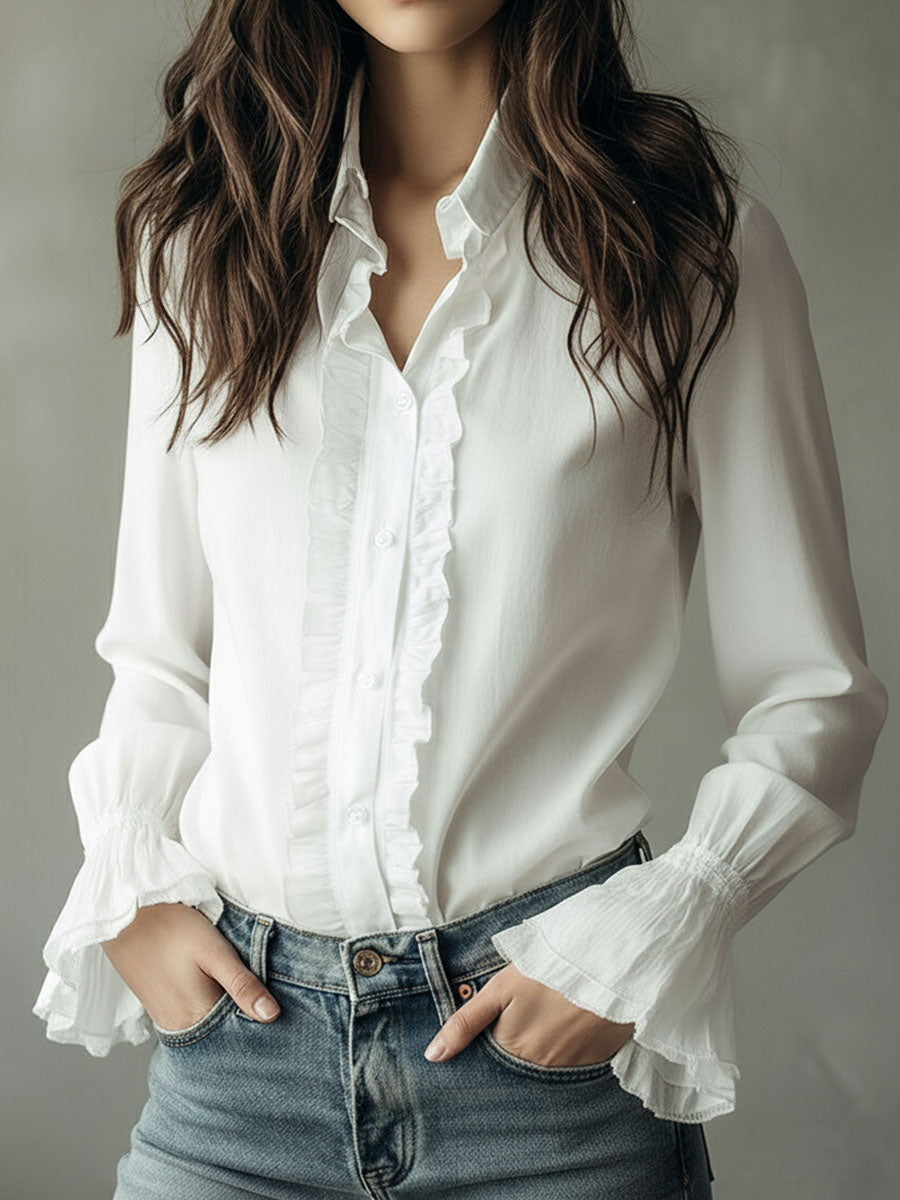 Elegant Ruffled Button-Down Long Sleeve Shirt With Flared Cuffs