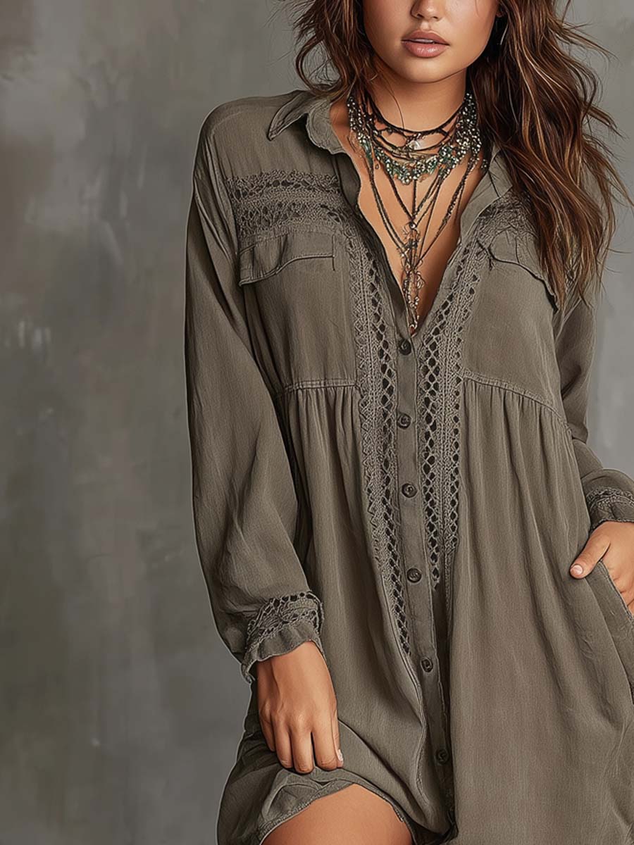 Retro Lace Placket Long-sleeved Shirt Mini Dress