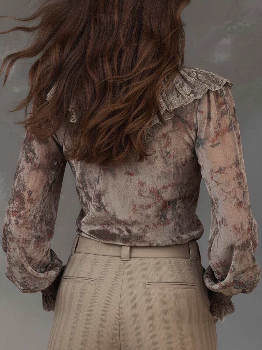 Velvet Floral Print Ruffled Blouse
