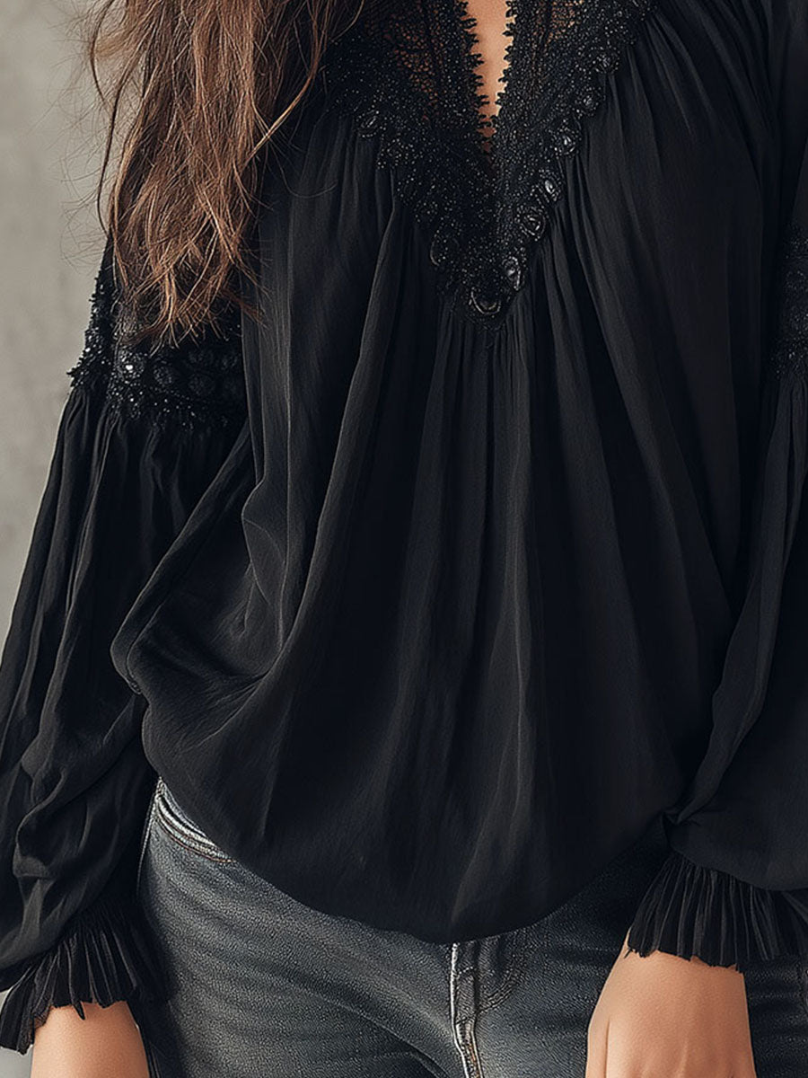 Black Lace Blouse – Vintage Boho Long-Sleeve Top With V-Neck And Puff Sleeves