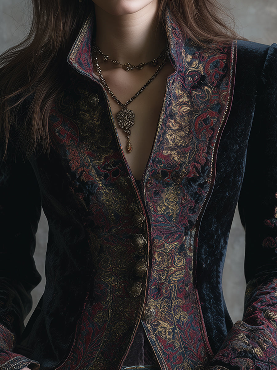 Quiet Luxury Velvet Stand Collar Retro Pattern Jacket