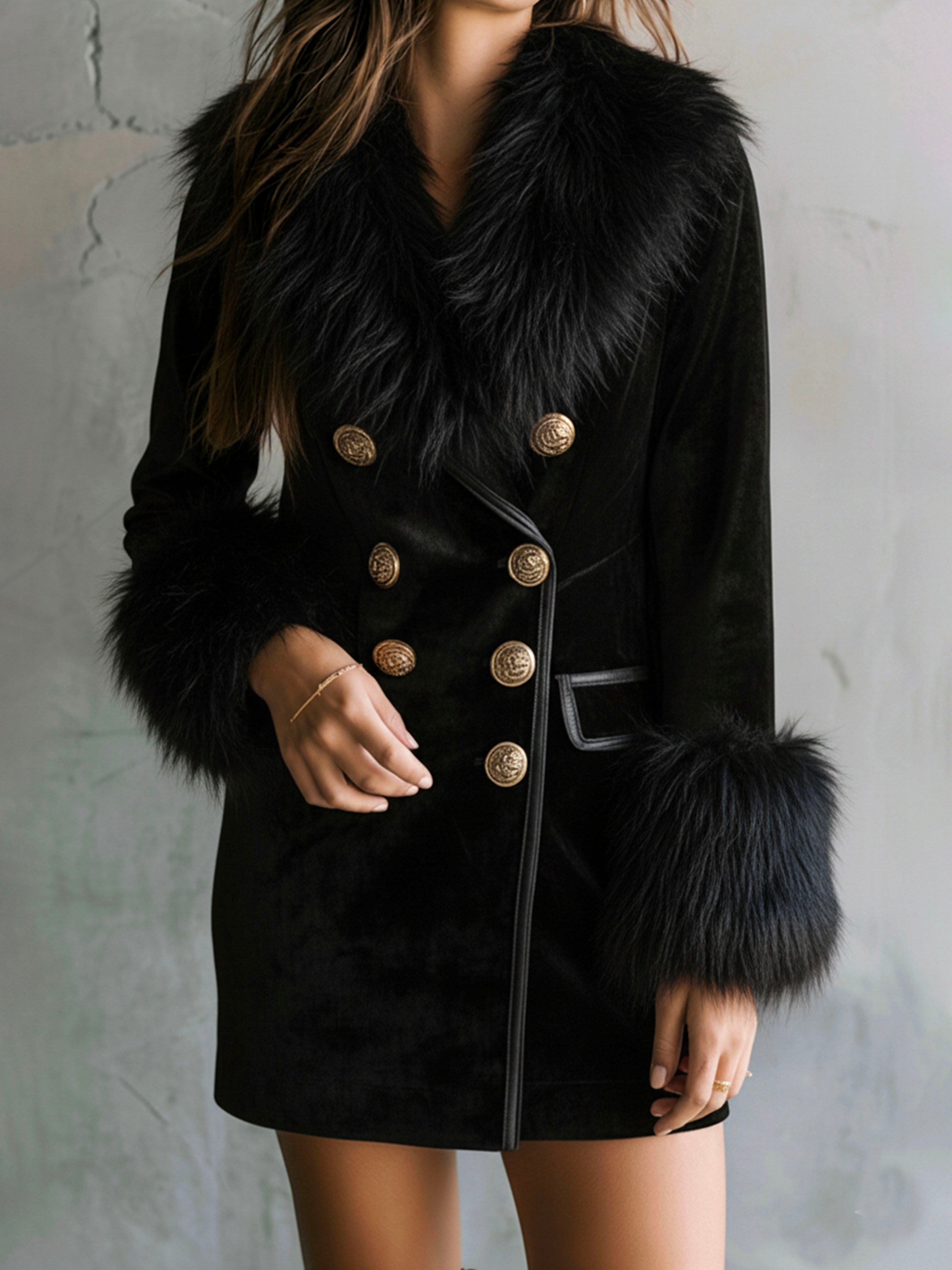 Stylish Black Velvet Blazer Dress With Eco Fur Collar & Cuff