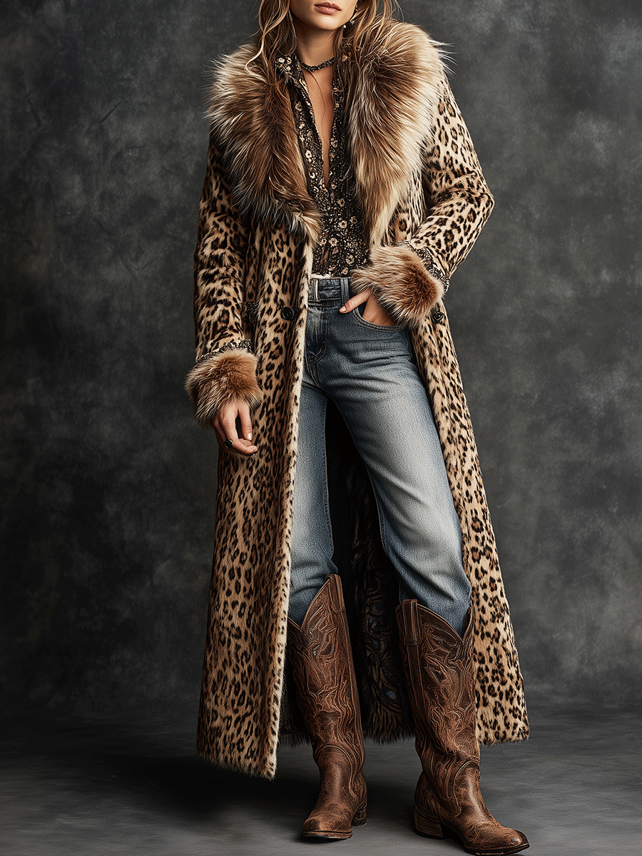 Vintage Boho Leopard  Faux Fur Longline Coat