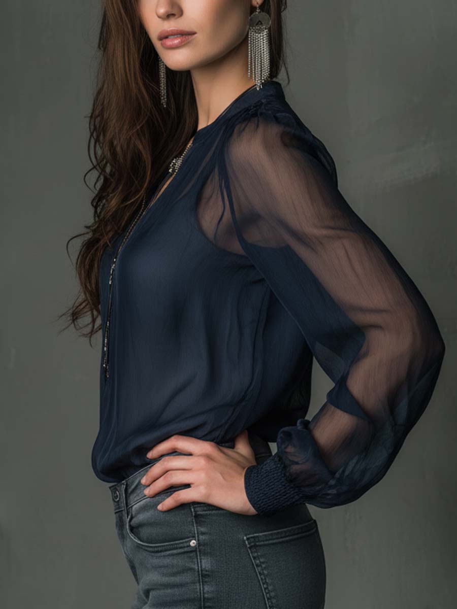 Sheer Chiffon Zip-Front Blouse