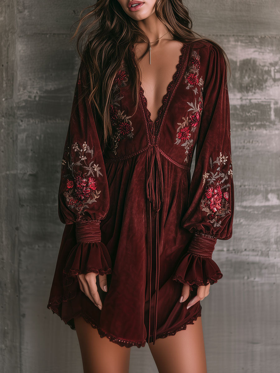 Boho Lace-Trim Wine Microsuede Embroidered Mini Dress