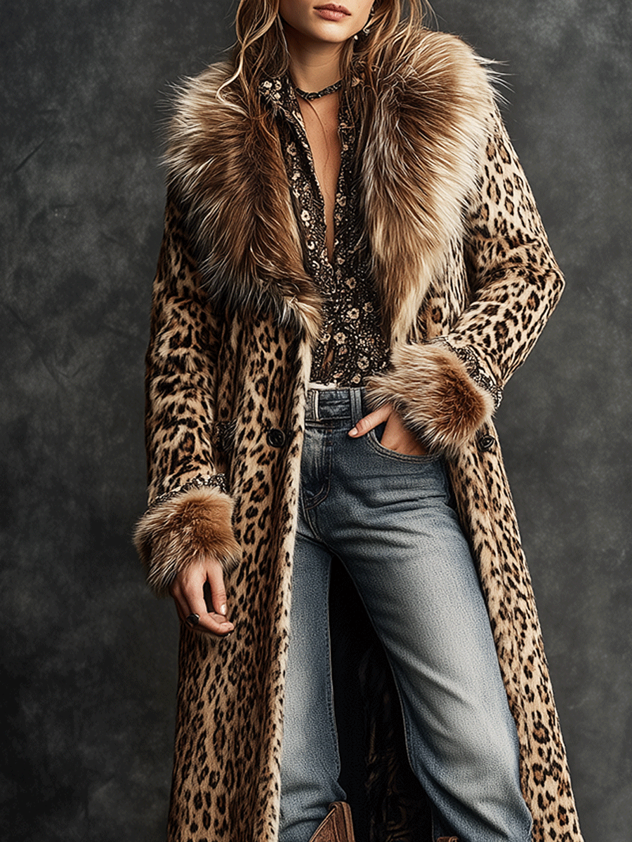 Vintage Boho Leopard  Faux Fur Longline Coat