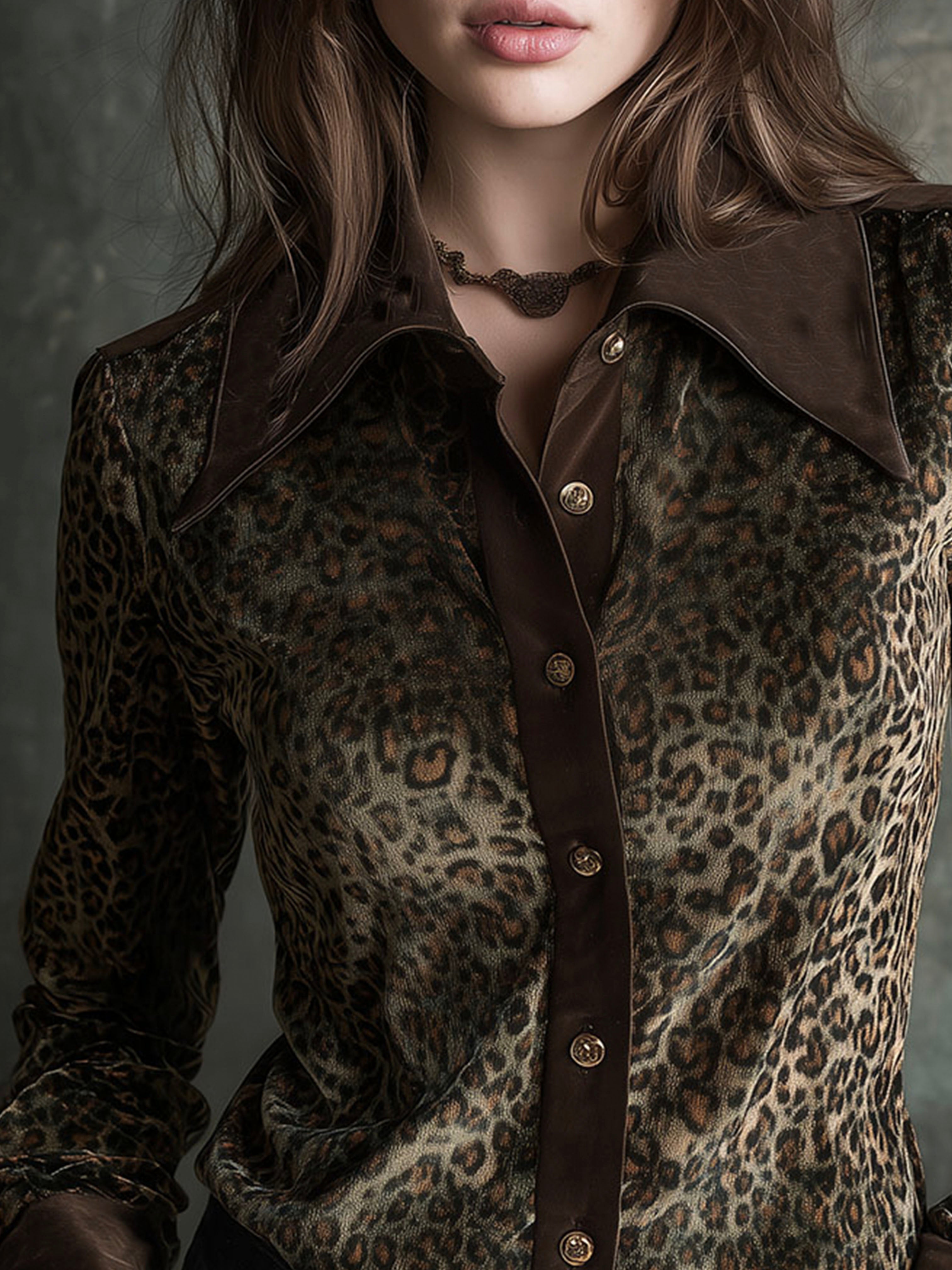 Retro Contrast Collar And Cuffs Velvet Leopard Print Blouse