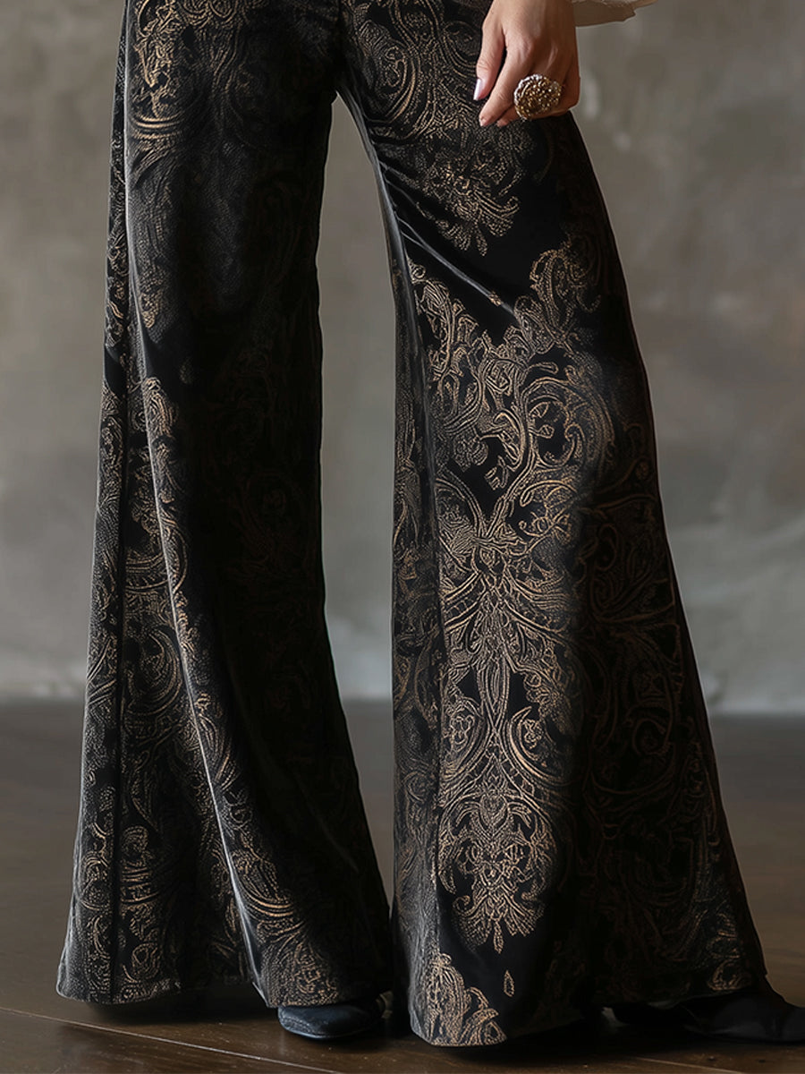 Vintage High-waisted Velveteen Paisley Print Wide-leg Pants
