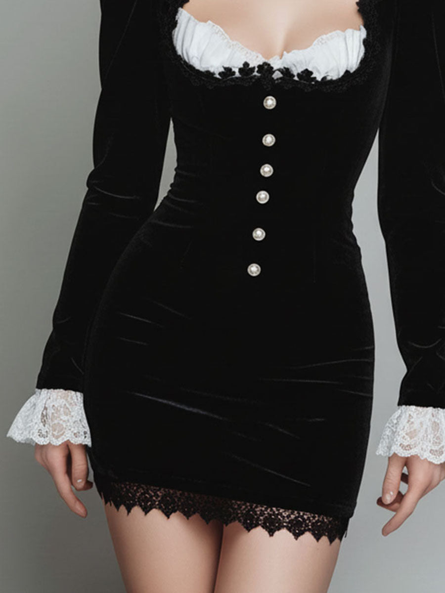 Vintage Chic Pearl Buttons Velvet Black Mini Dress With Lace Trim
