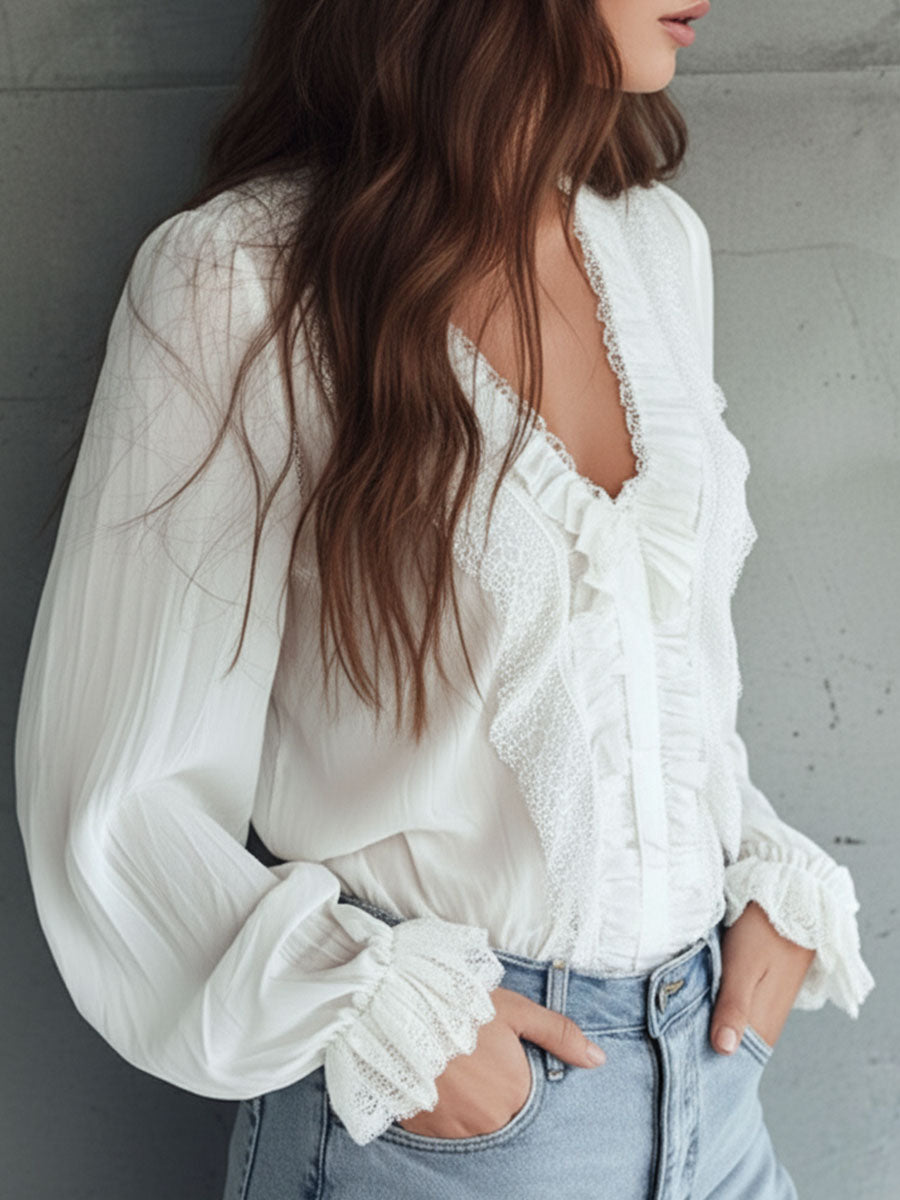 Vintage Victorian V-Neck Ruffle Lace Blouse
