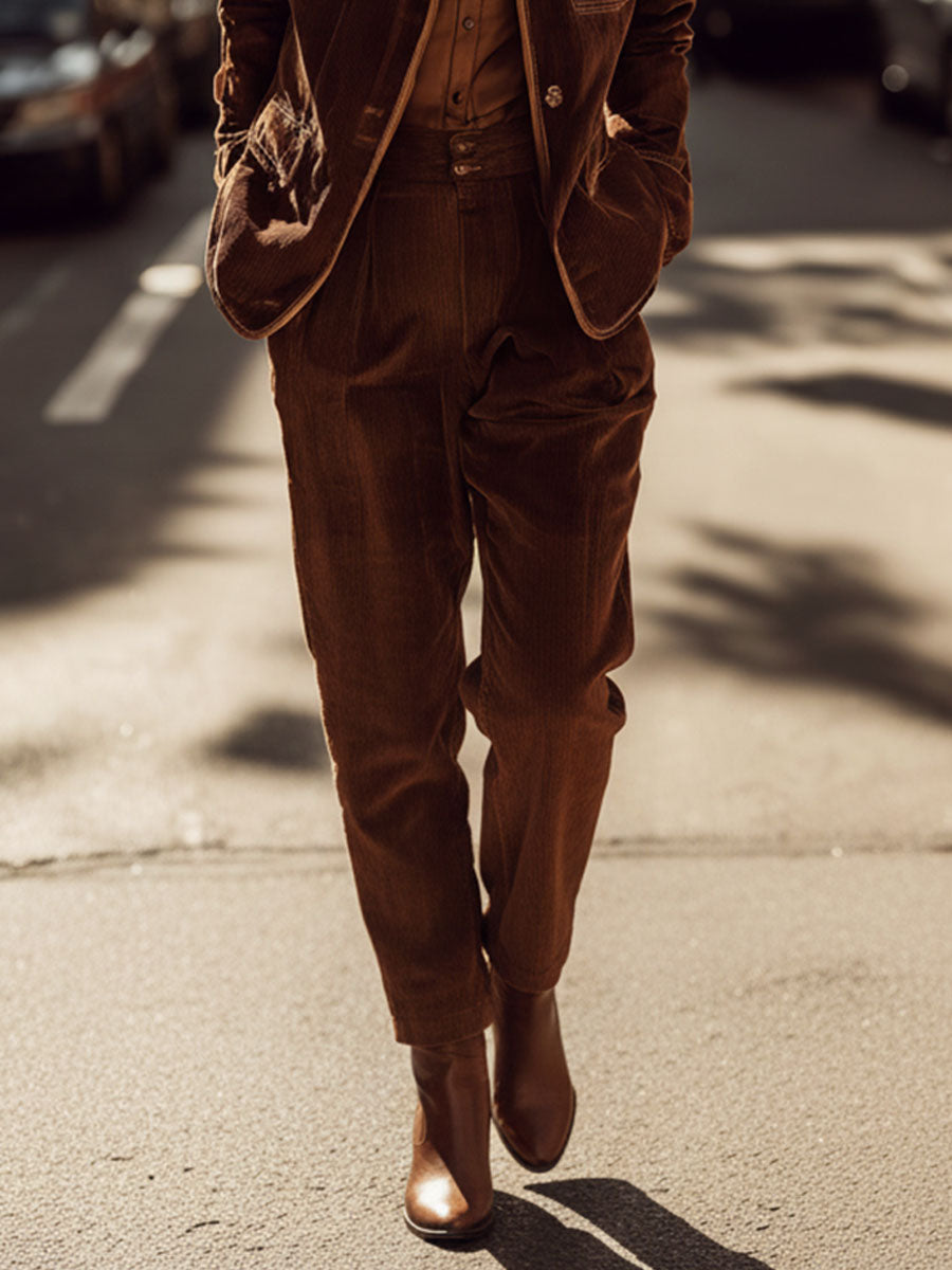 Vintage Brown Corduroy High-Waist Straight-Leg Trousers