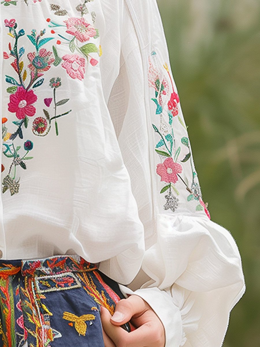 (sale)Cotton and Linen Floral Embroidery Long Sleeve Shirt