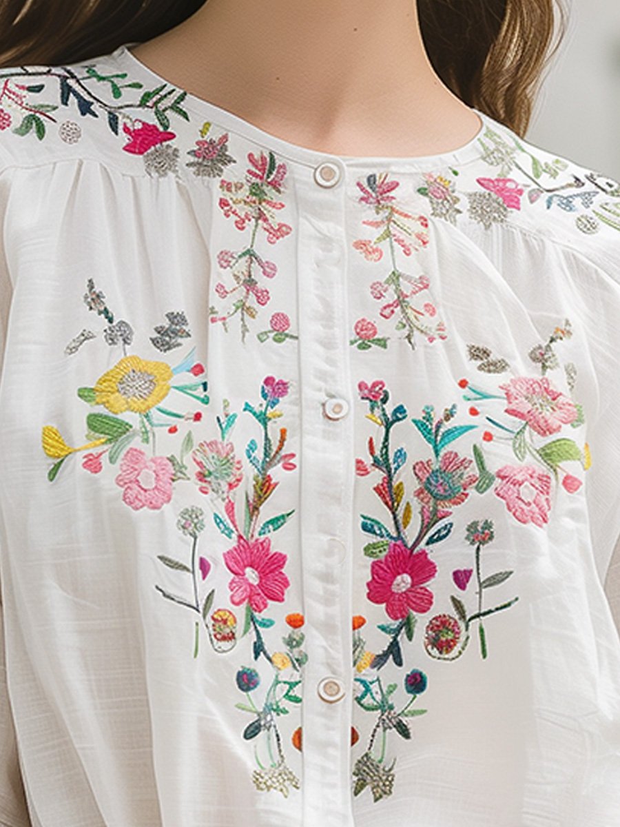 (sale)Cotton and Linen Floral Embroidery Long Sleeve Shirt
