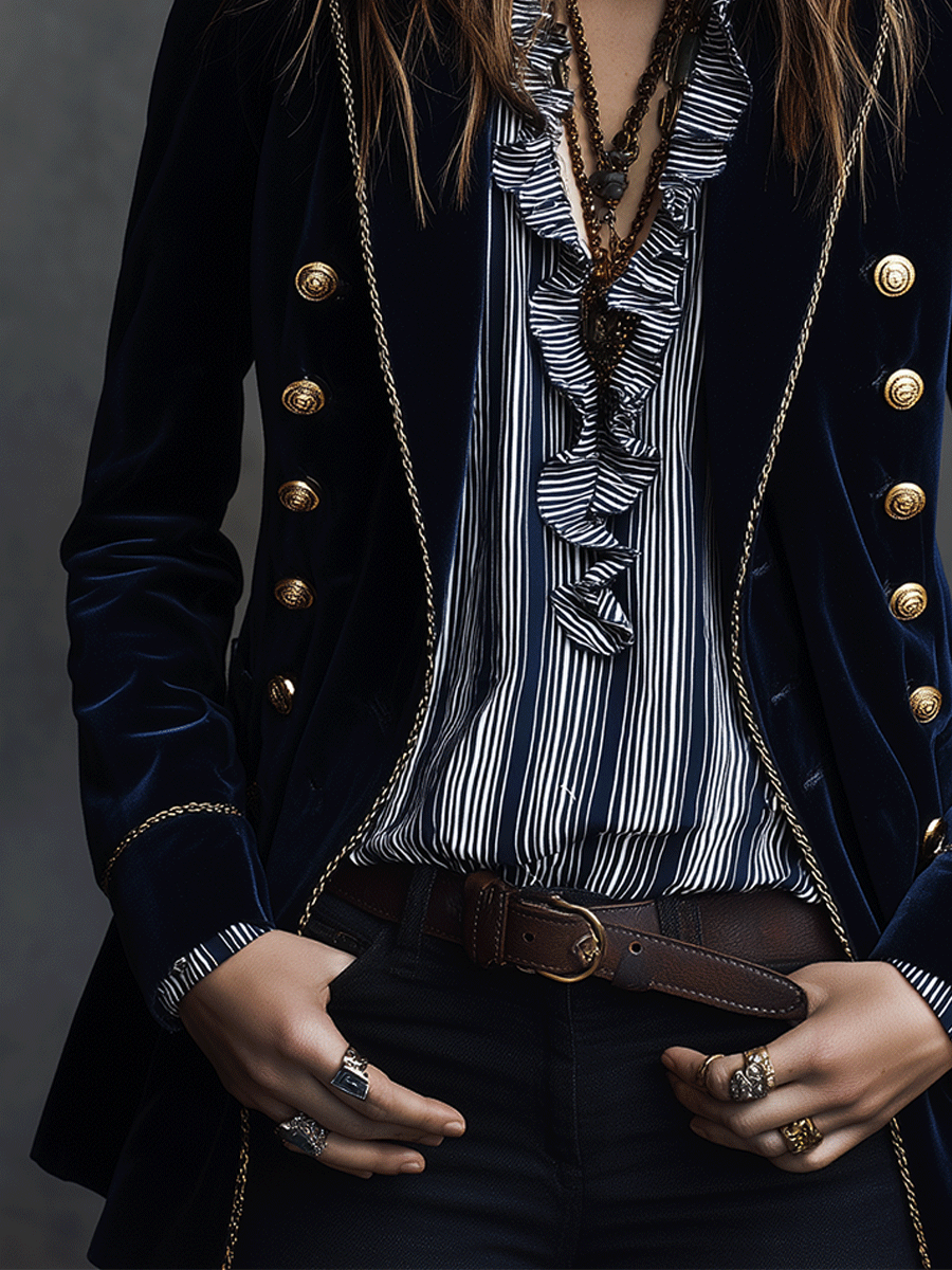 Exquisite And Elegant Navy Blue Velvet Double-Breasted Blazer