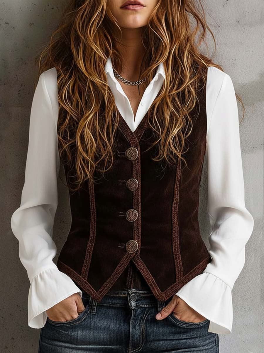 Vintage Faux Suede Vest With Decorative Buttons