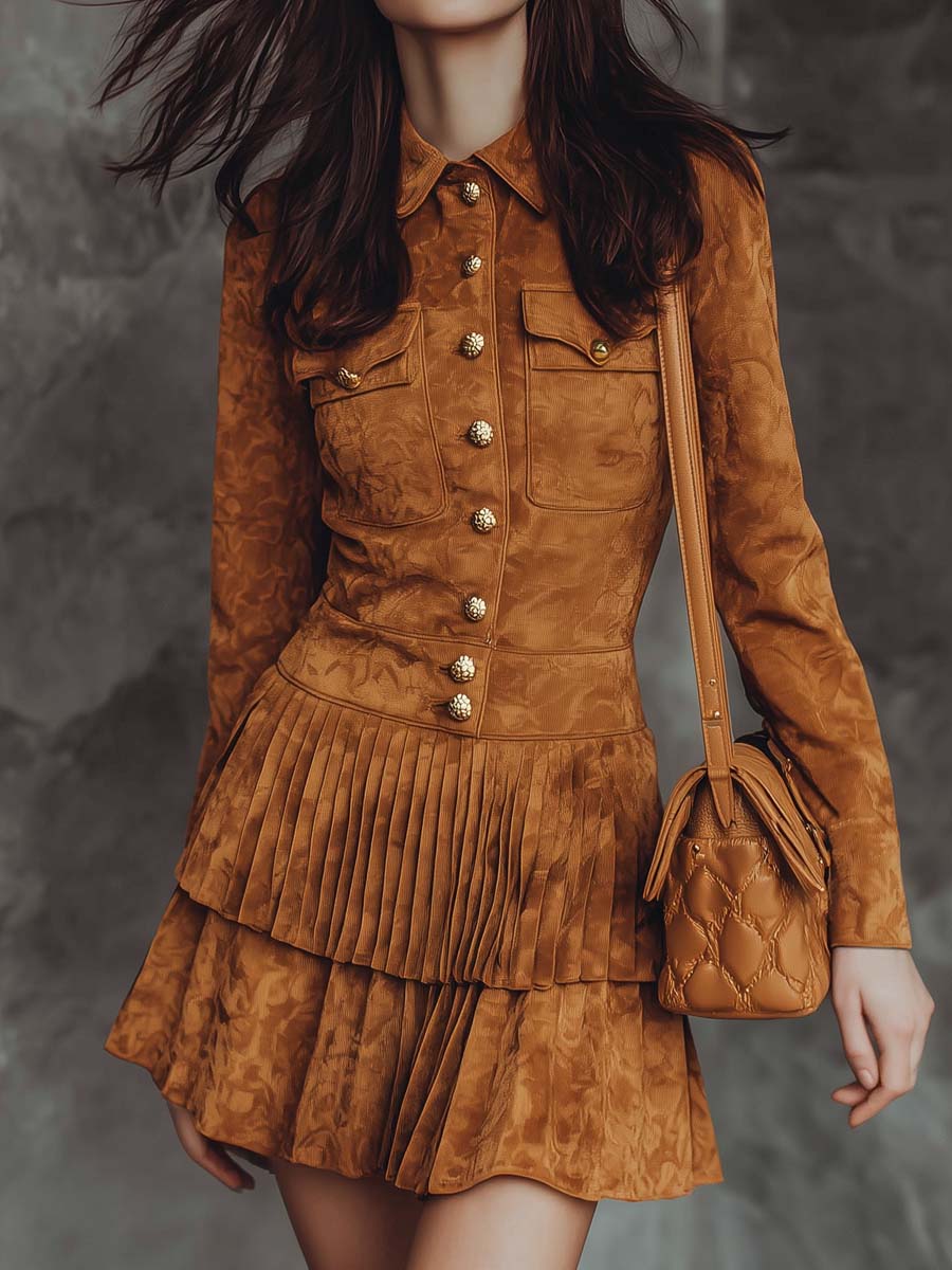 Vintage Button-down Pleated Hem Polyester Suede Mini Dress