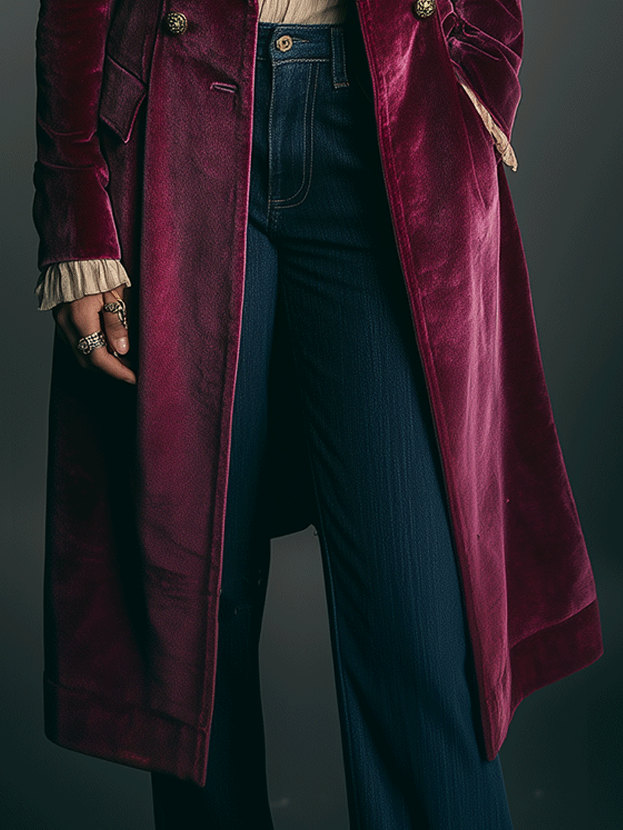 Vintage Double-Breasted Burgundy Velvet Coat
