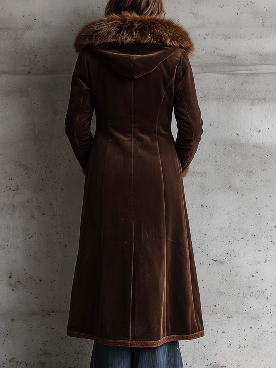 Brown Microfiber Suede Maxi Coat With Metal Buttons And Faux Fur Frim