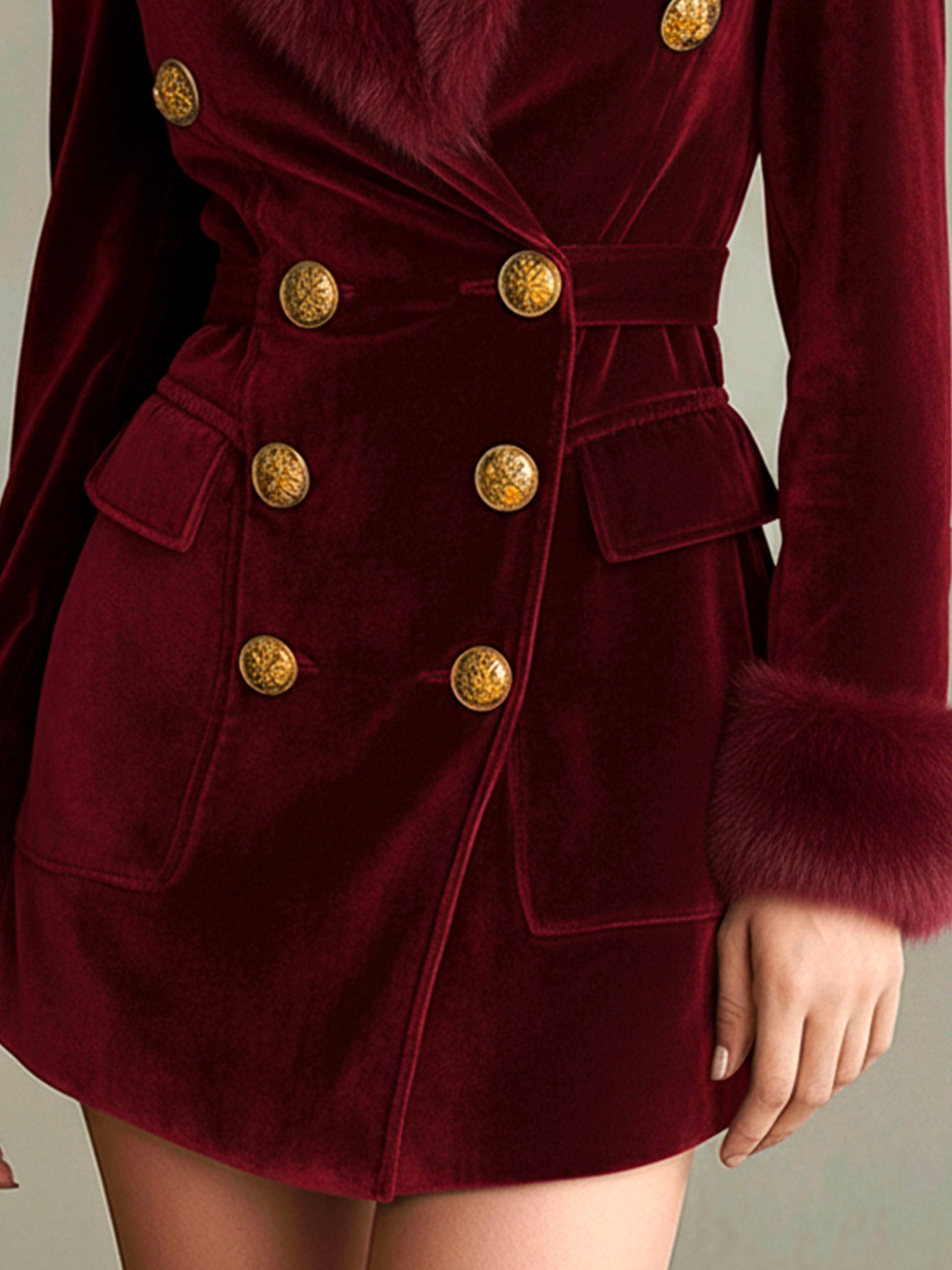 Retro Burgundy Velvet Blazer Dress With Eco Fur Trim