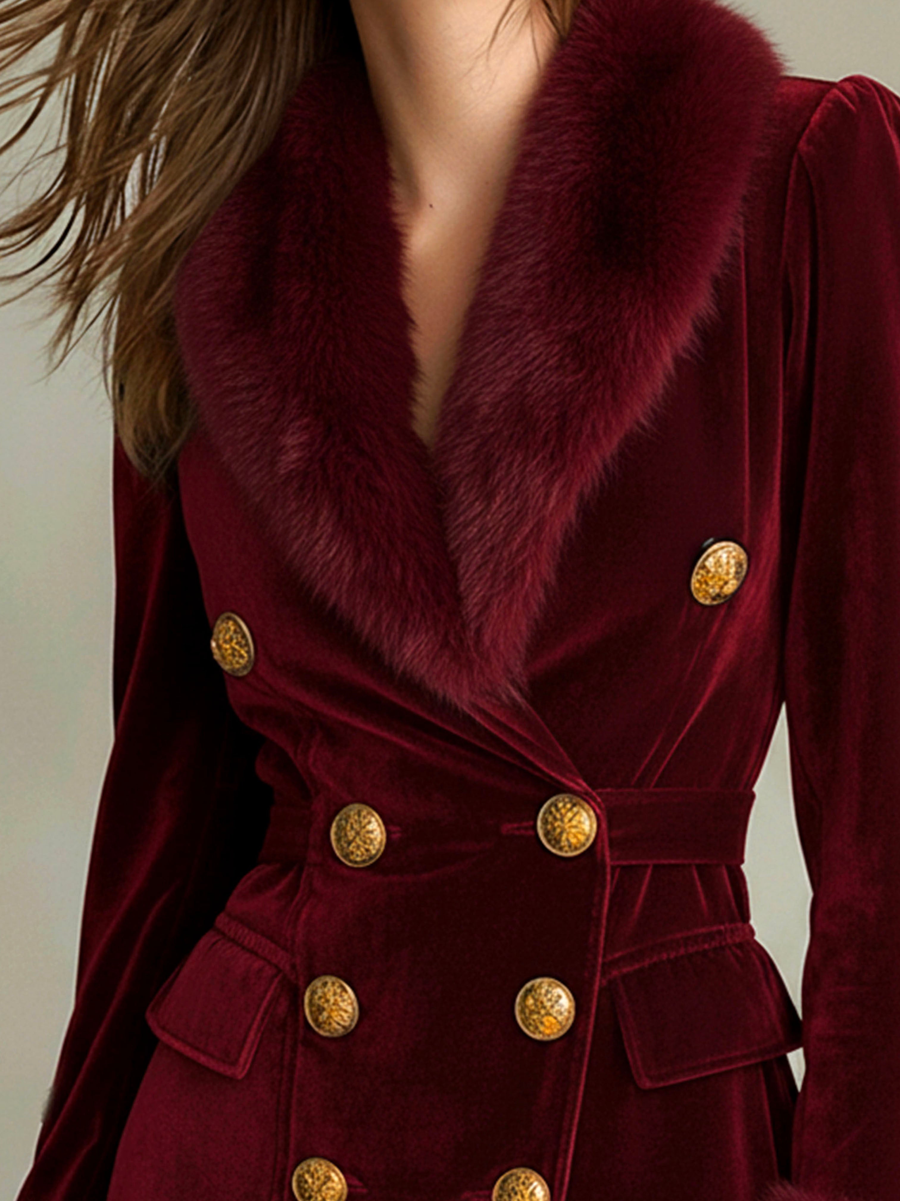 Retro Burgundy Velvet Blazer Dress With Eco Fur Trim
