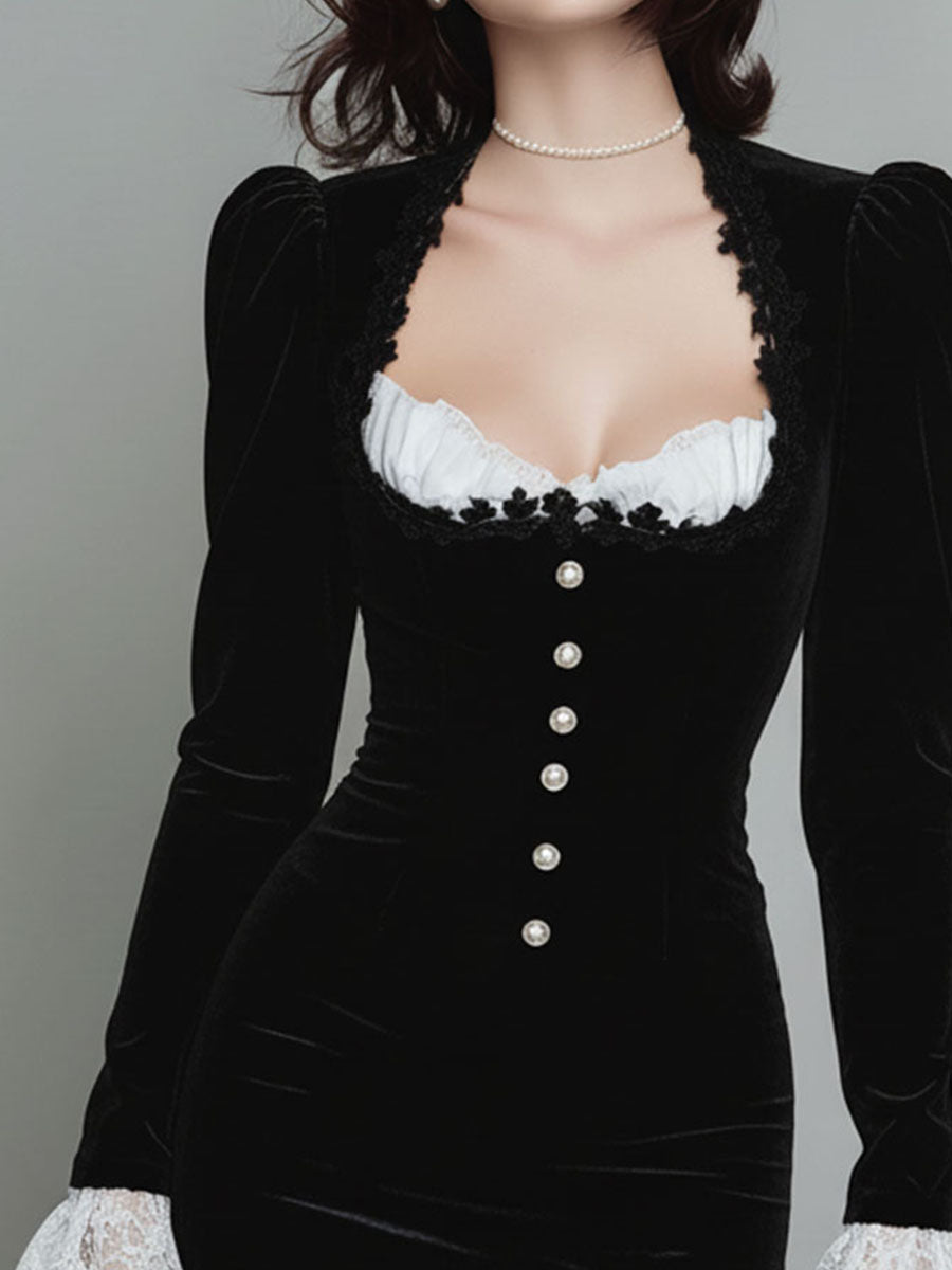 Vintage Chic Pearl Buttons Velvet Black Mini Dress With Lace Trim