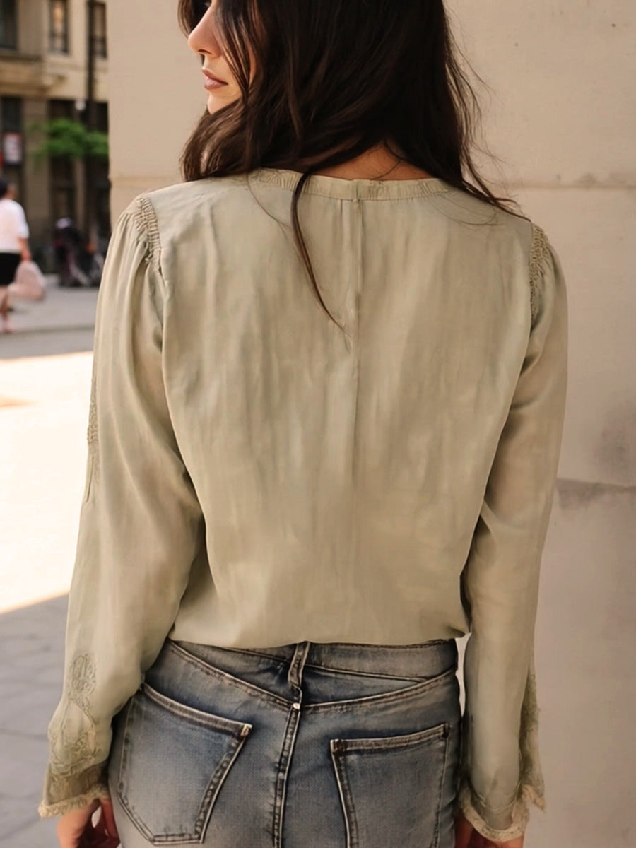 Vintage Green Cotton and Linen Embroidered Henley Collar Shirt