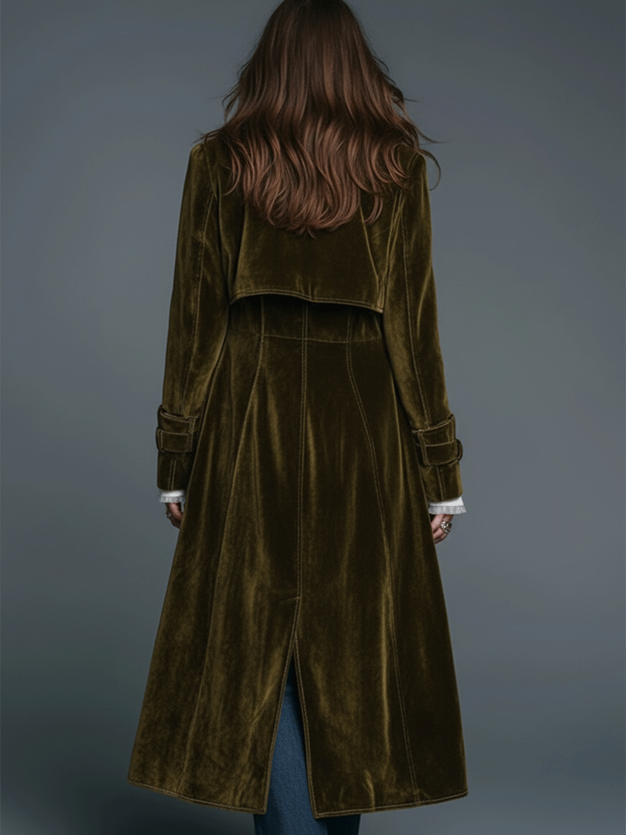 Boho Luxe Olive Velvet Leopard Lapel Long Coat