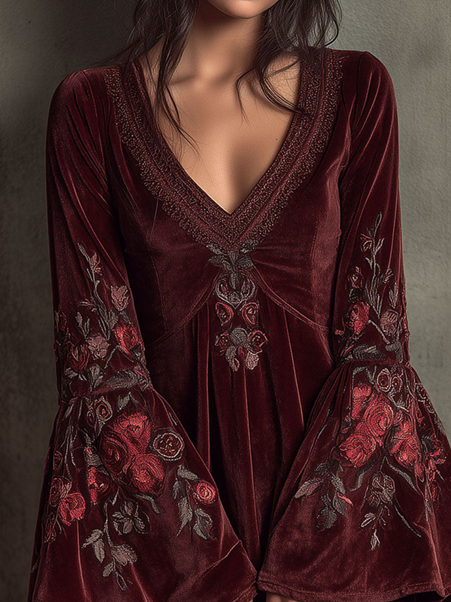 Boho Bell-Sleeve Burgundy Velvet Embroidered Mini Dress