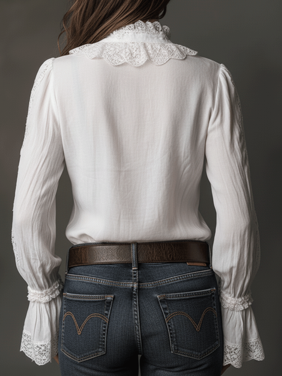 Casual And Versatile White Lace-Trimmed Shirt