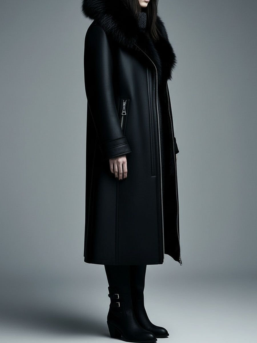 Women Fur Trim Warm Lined Hooded Eco Leather Trench Coat