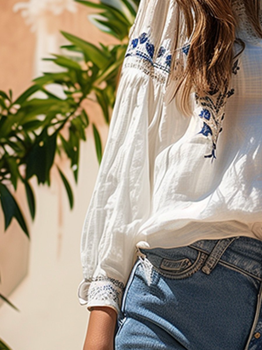 (clearance)V-neck Cotton and Linen Embroidery Stitching Hollow Top