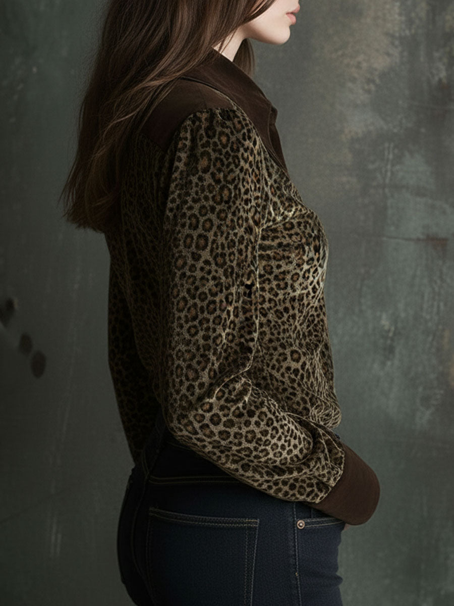 Retro Contrast Collar And Cuffs Velvet Leopard Print Blouse