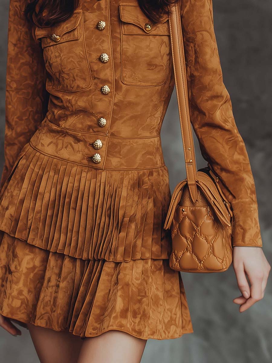 Vintage Button-down Pleated Hem Polyester Suede Mini Dress