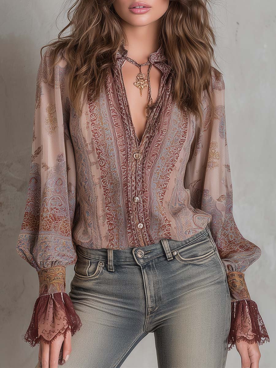 Boho Paisley Sheer Blouse With Lace Cuffs