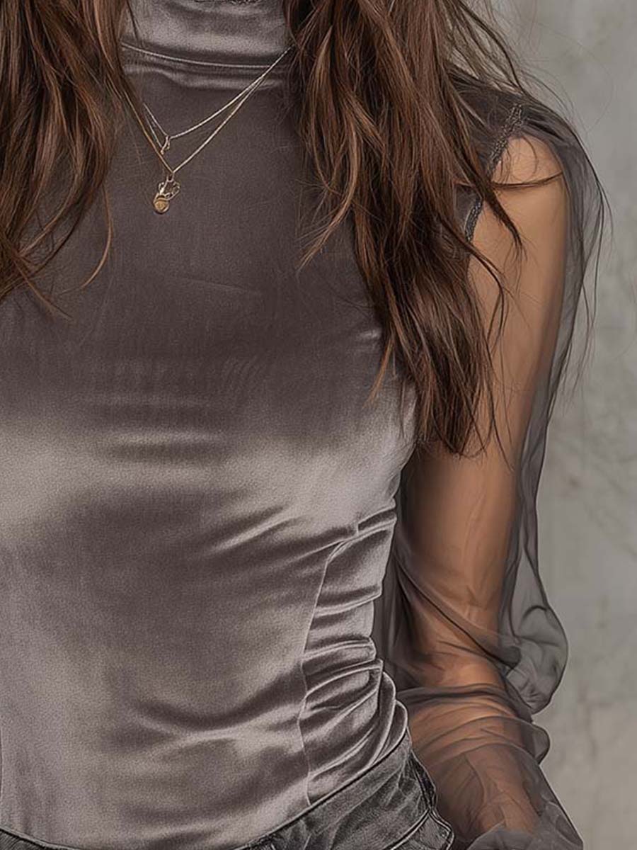 Velvet Mesh Panel High-Neck Top – Graphite Grey