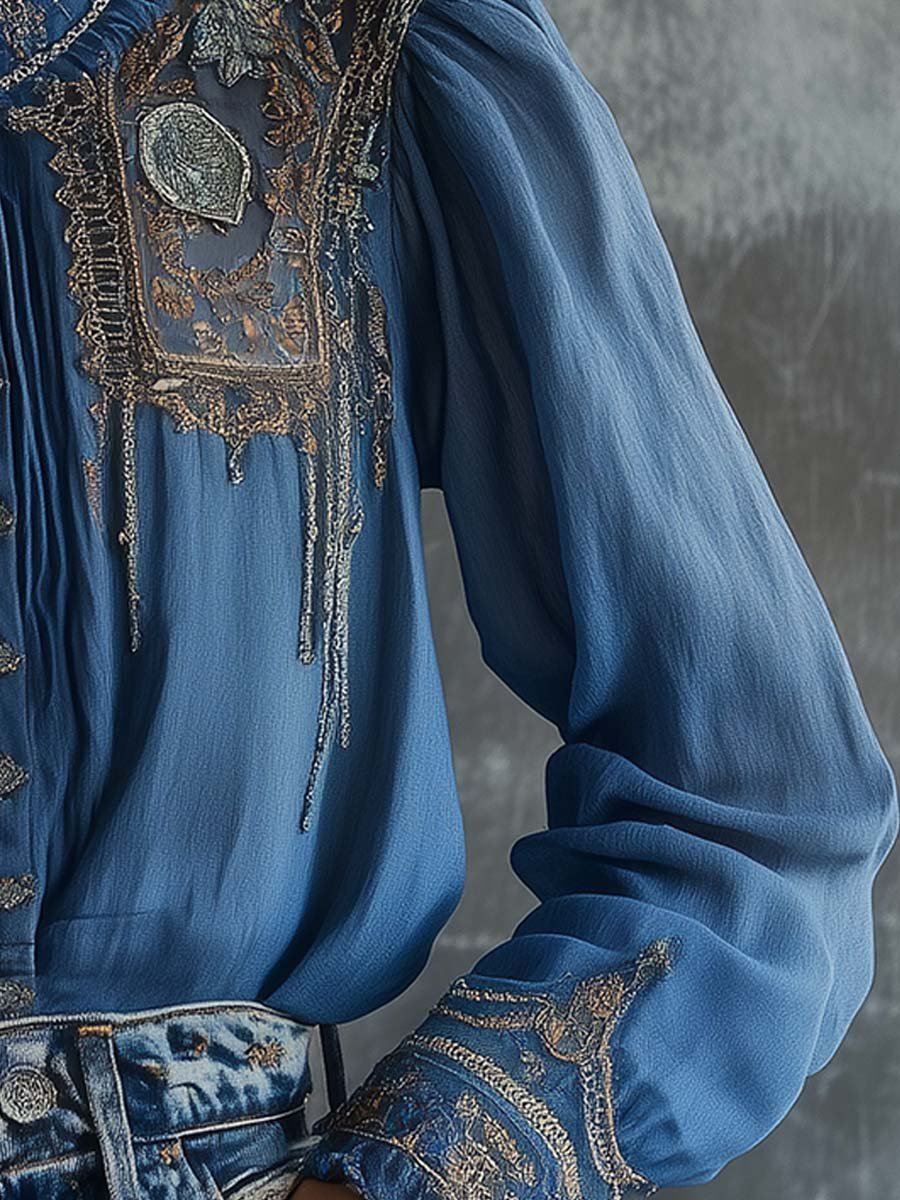 (sale)Regal Charm Embroidered Blue Lace Blouse